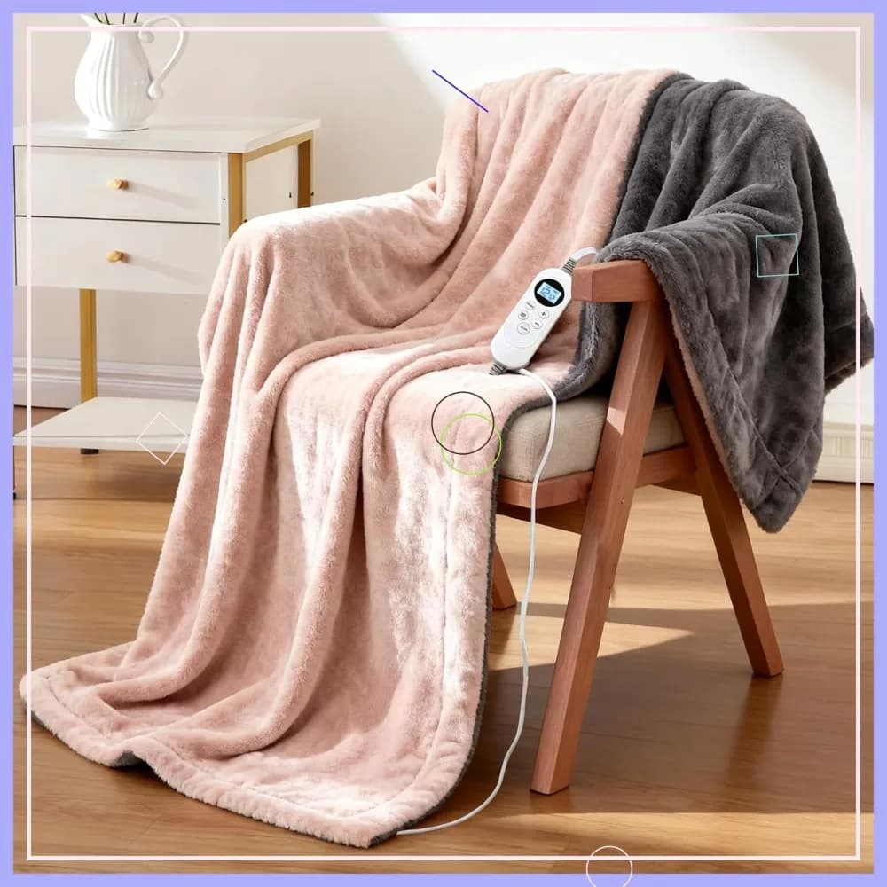 Coperta Elettrica Riscaldata 50x60 in Morbido Flanella, Riscaldamento Rapido su Due Lati, 12 Livelli, Timer, Protezione dal Surriscaldamento, Lavabile, Rosa Pesca e Grigio