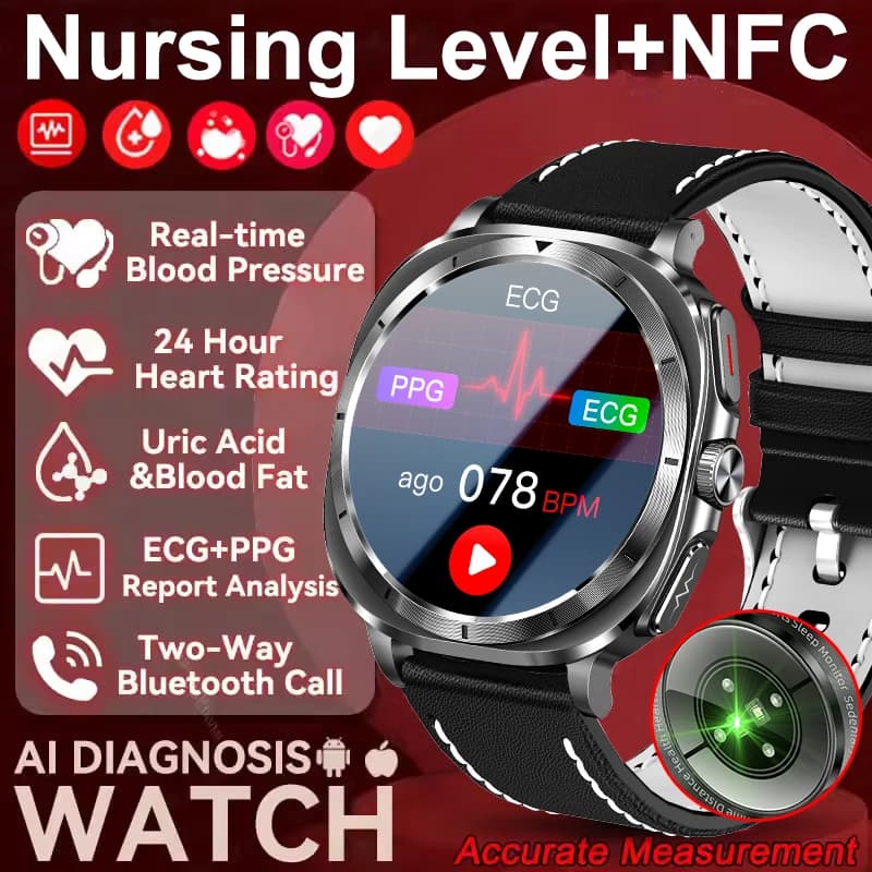 2025 New Men AI Diagnosis Accurate ECG Supervisory Astute Blood Pressure Urious Acid Fat Temperature Meter NFC Bluetooth Smartwatch