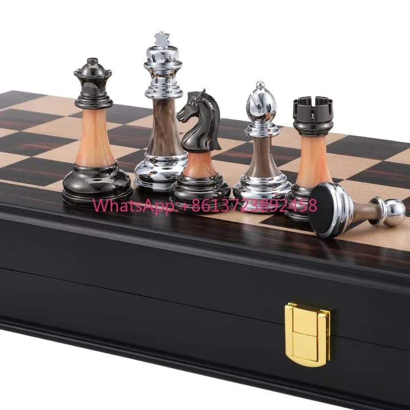 King Tall 3.5 Inch Anodized Metal Finish Silver & Black Chess Set Wooden Chess Board Box Triple Weighted Chess Set