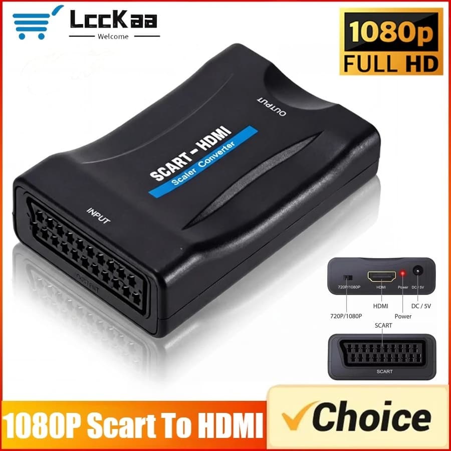 1080P Luxury Video Audio Converter Adapter compatible with SCART to HDMI with USB cable for DC cable Sky Box STB Plug and Play