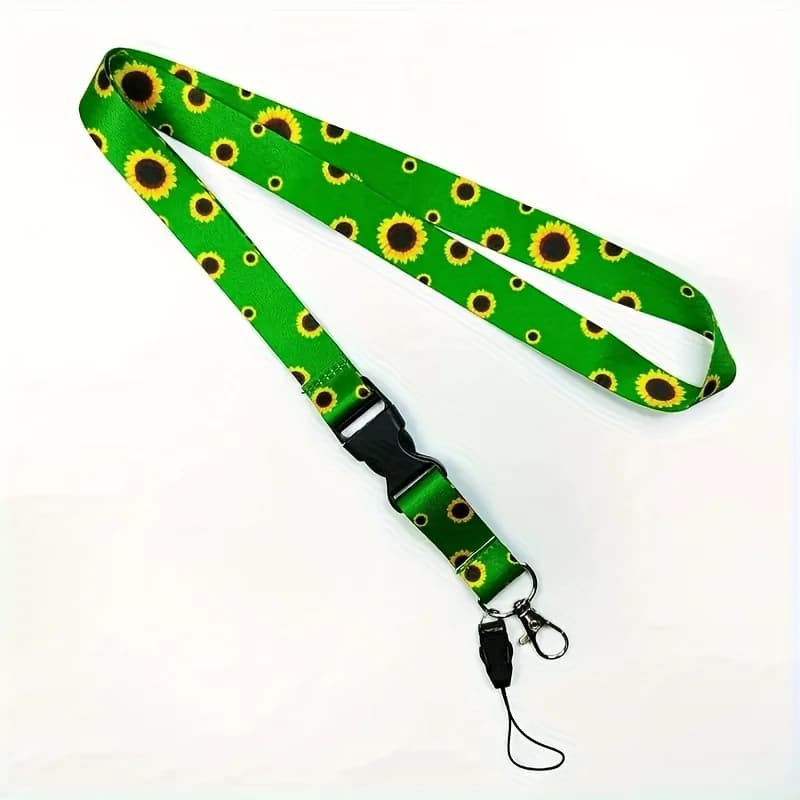 1 piece sunflower-themed longitudinal ID card clip with removable neck strap, unisex ID card lanyard, green and yellow floral design - quick release buckle, suitable for keys, wallets, ID clips - durable fabric, dual-use for leisure and business