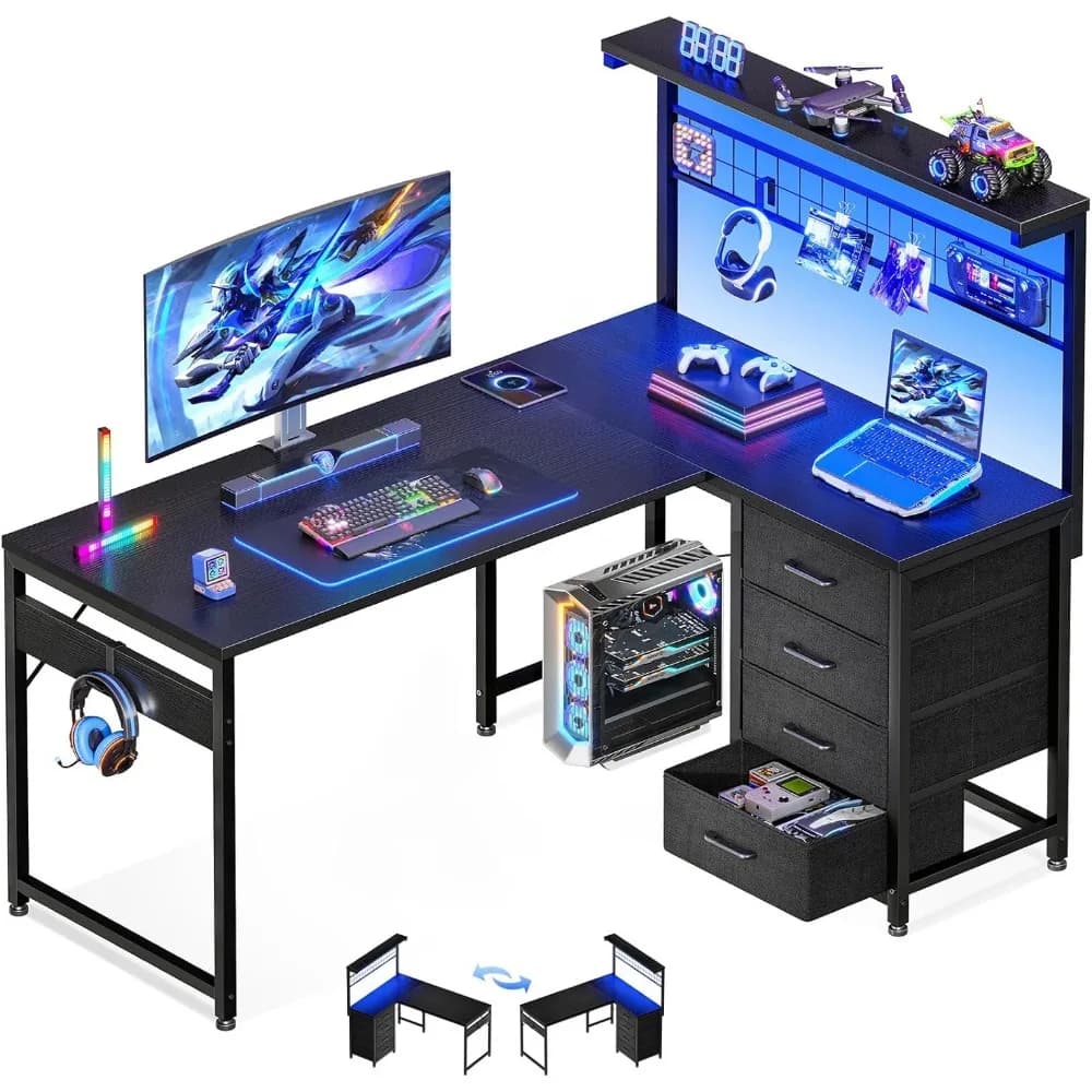 Scrivania da Gaming a L da 43 Pollici per Spazi Compatti con Mensola, Vetrina, Luce LED e 4 Cassetti