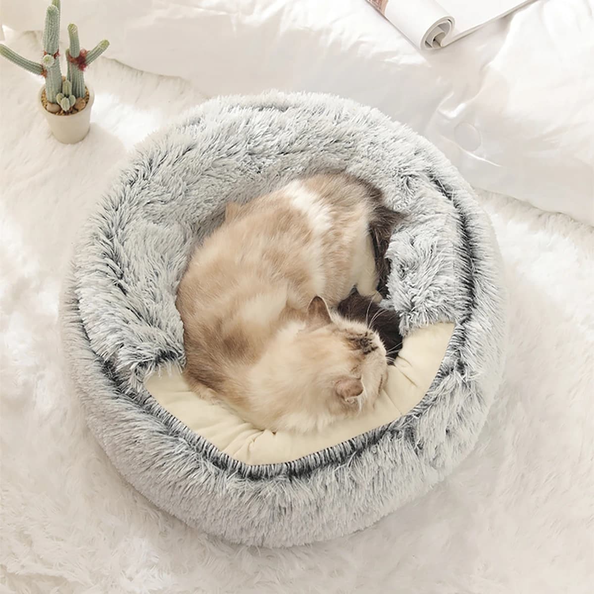 Cuccia Rotonda per Gatti in Peluche Morbido con Cappuccio, Comoda per Gatti da Interno o Piccoli Cani, Cuccia Calmante Anti-Ansia a Forma di Ciambella