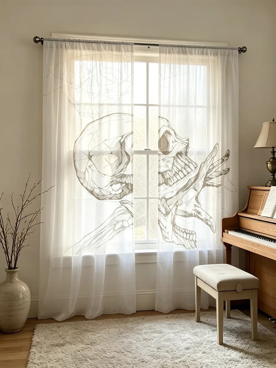 2PCS Digital Print Sheer Curtains Sketch Skull Skeleton Hand Line Art Print Gothic A&B Sheer Window Curtains