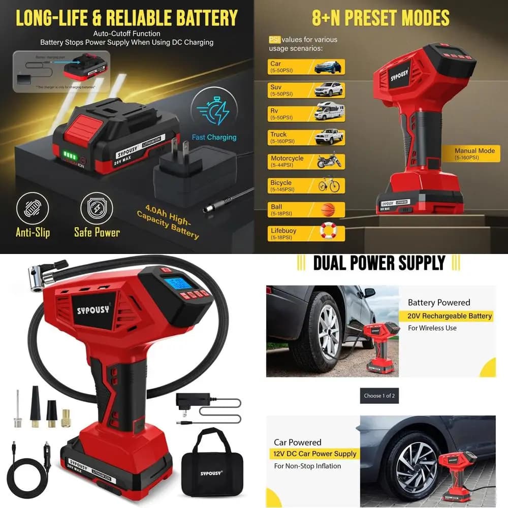 Gonfiatore portatile per pneumatici senza fili da 160 PSI con batteria da 20 V, pompa ad aria digitale veloce per auto, motocicli, bici elettriche e altro ancora