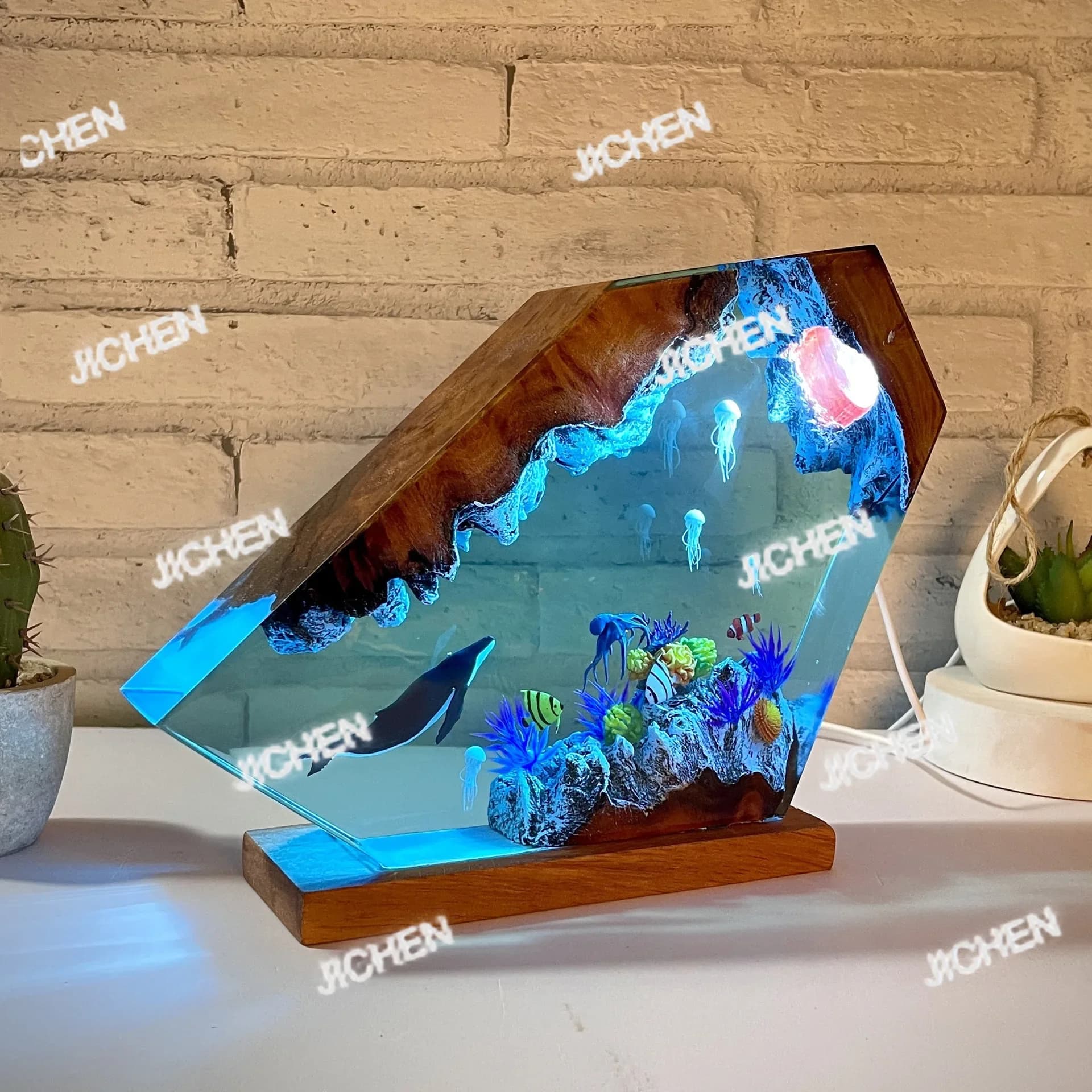 ZQ Luce notturna in resina balena e meduse gobba Luce in resina marina epossidica e legno