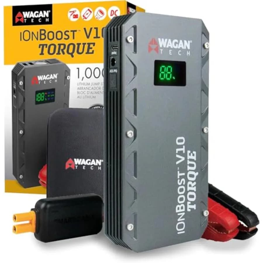 Avviatore di emergenza portatile per auto, agli ioni di litio, nero, 1000A di picco, certificato UL, con luce LED integrata