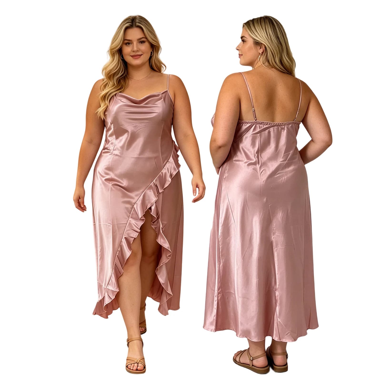 Elegante Camicia da Notte Plus Size con Scollo a Cowl e Spalline Sottili, Vestito da Notte con Orlo Asimmetrico Arricciato per Donna, Pigiami Eleganti