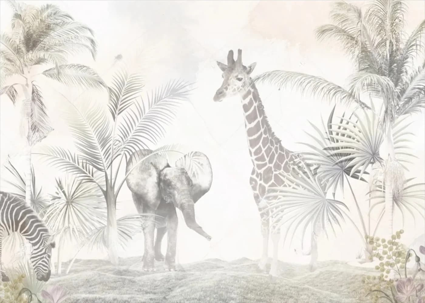 Carta da parati murale personalizzata con foglie di piante della foresta pluviale tropicale, elefante, giraffa, scimmia, tigre, leone, zebra, animali, carta da parati 3D