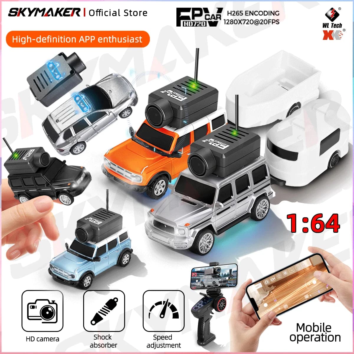 Wltoys Mini FPV APP Controllo Auto 1:64 Mini Telecamera di Controllo Remoto Auto 2.4GHz Luci Ambientali A Led Mini RC Auto Giocattoli per I Ragazzi Regalo