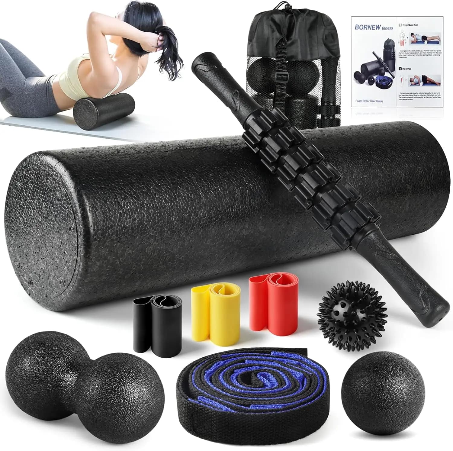 Set Foam Roller 7-in-1 for Deep Massage, Back Roller, Resistance Bands, Football, Stretching Strap - Exercise and Therapy