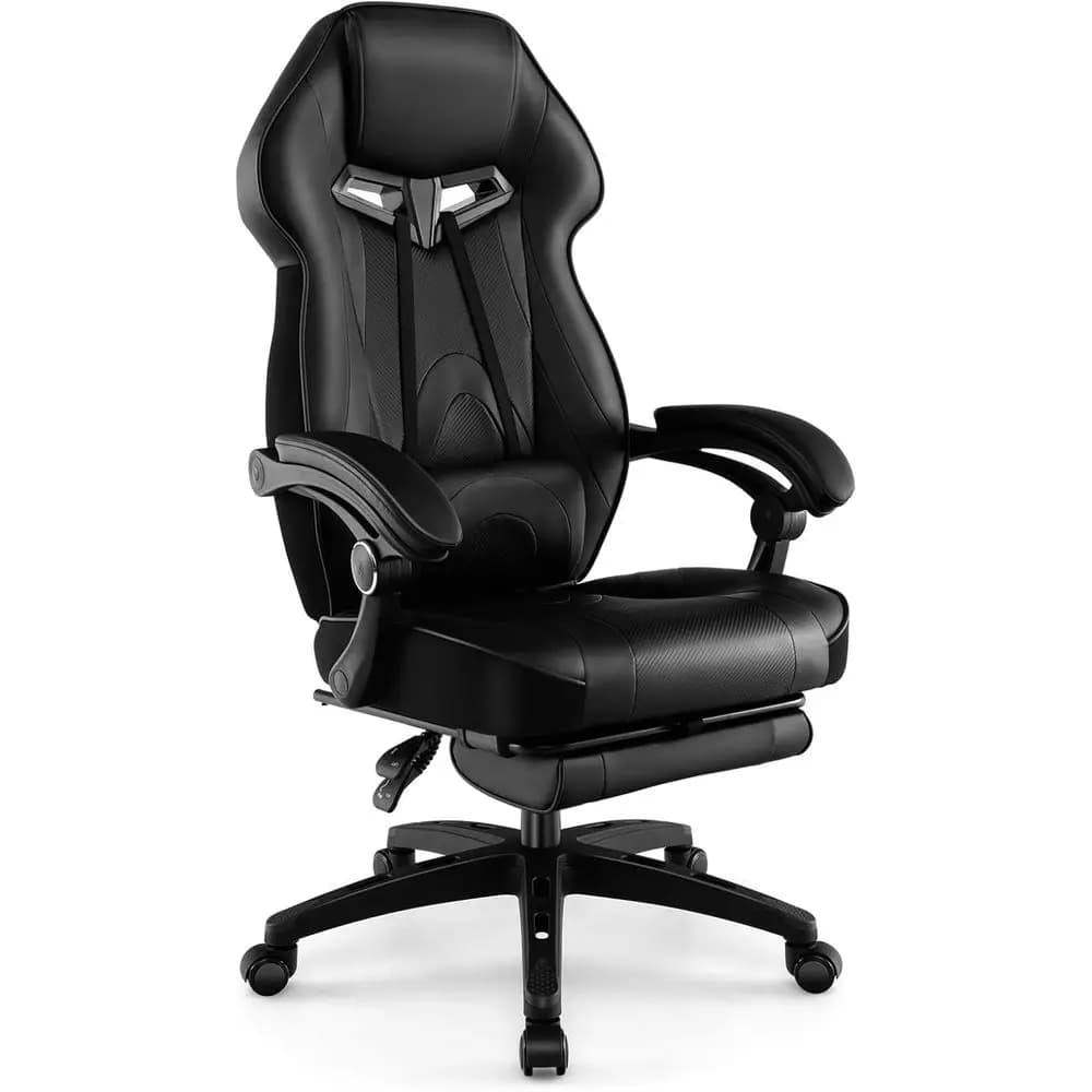 Sedia da Gaming Ergonomica Regolabile con Poggiapiedi, Braccioli Imbottiti, Supporto Lombare e Funzione Reclinabile per Ufficio Domestico (Nera)