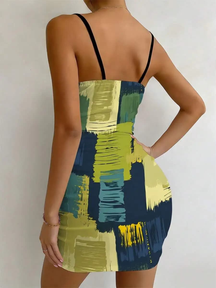 Abstract Art Print Women Spaghetti Strap Mini Dress Casual Summer Knit Dress