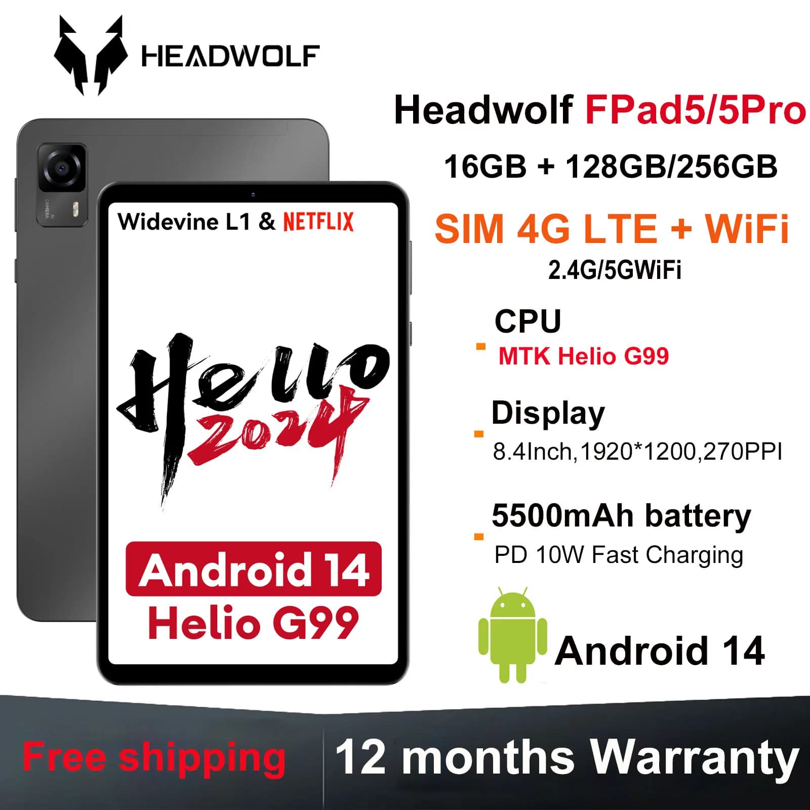 HEADWOLF FPad5/Pro tablet Android 14 8.4 pollici Max 16GB Ram 128GB/256GB UFS2.1 Octa-core G99 Tablet PC 5500 mAh WideVine L1