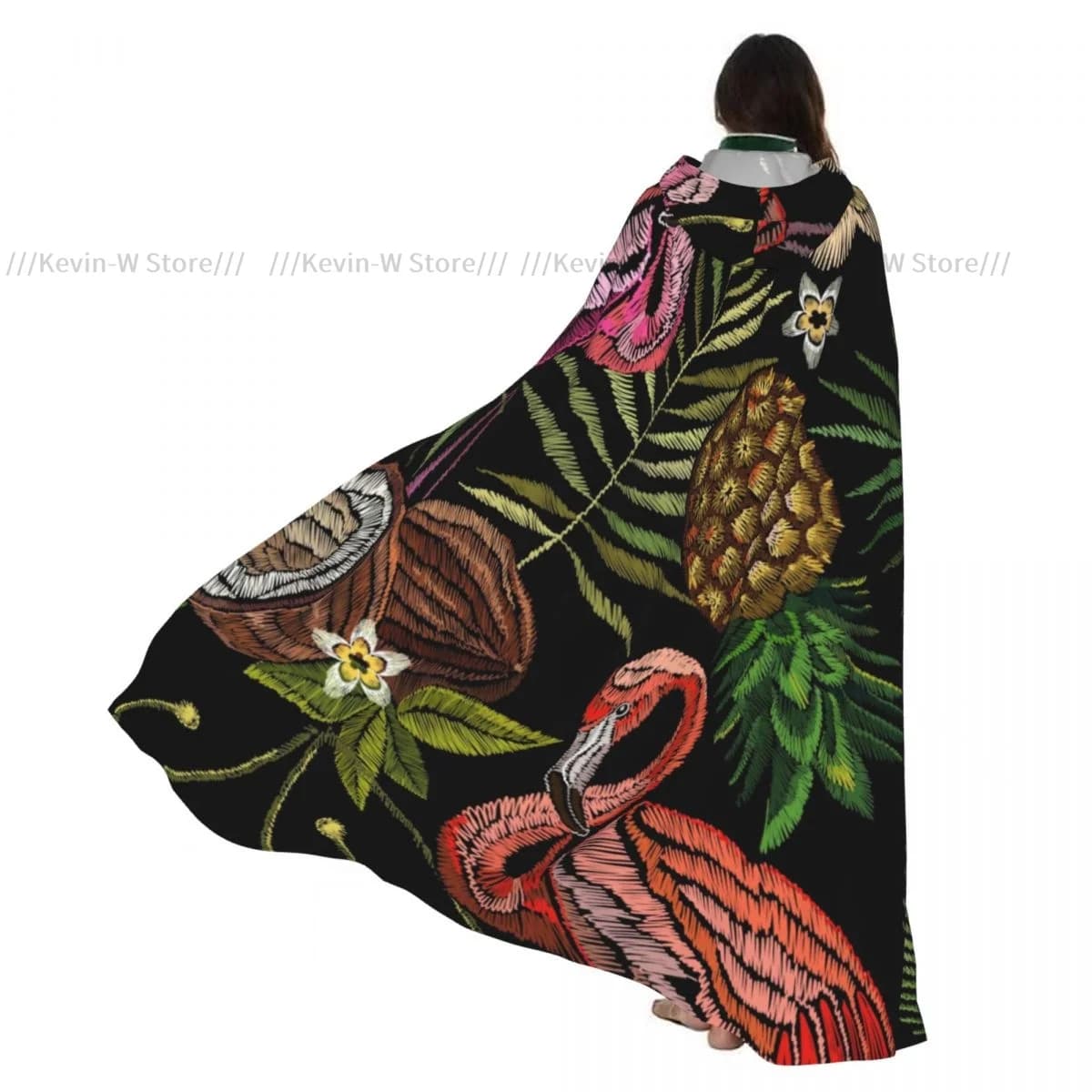 Unisex Witch Party Reversible Hooded Adult Vampires Cape Cloak Embroidery Tropical Flamingo Palm Tree Leaves Pineapple Coconut