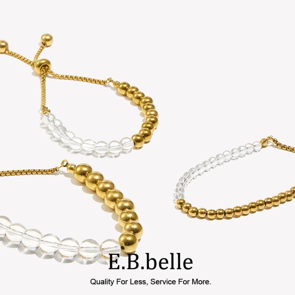 E.B.belle 4mm/6mm/8mm Half Clear Acrylic Half 18K Gold Plated Stainless Steel Beads Bracelet Women's Simple Adjustable Jewelry