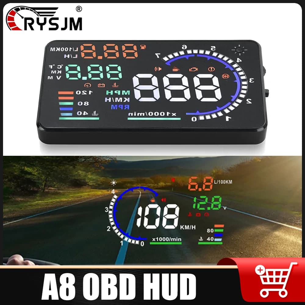 Display Head-Up HUD A8 OBD per Auto, Tachimetro OBD2, Temperatura Acqua, Voltaggio, Consumo Carburante, Proiettore su Parabrezza con Allarme