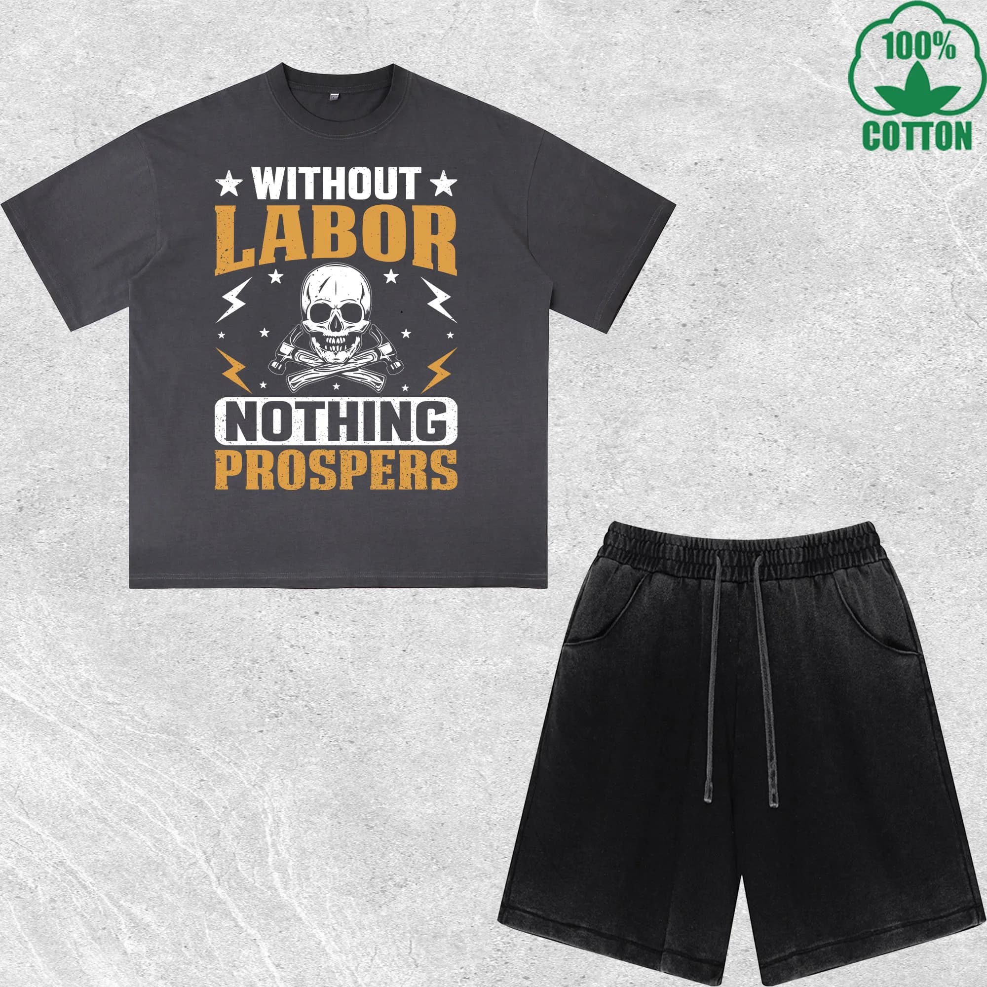 Set 100% printed cotton T-shirts and shorts, without crafts, dirt effect, multicolor, wide fit, fashionable