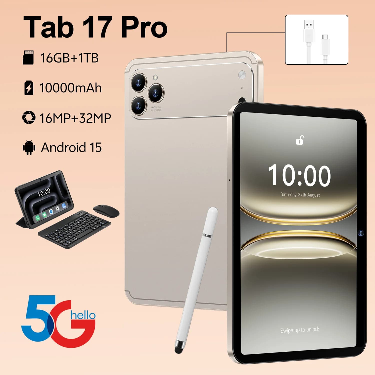 Nuovo Tablet Originale Tab 17 Pro 2026, 10.1 pollici HD 4K, Android 15, 16GB+1TB, 10000mAh, 5G Dual SIM, WiFi, GPS, Versione Globale, Hot Sale