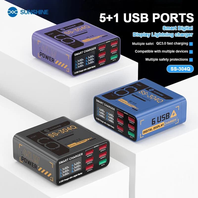 SUSNHINE SS-304Q Display digitale USB a 6 porte Carica rapida QC3.0 Carica rapida intelligente per la ricarica dell'orologio del tablet del telefono