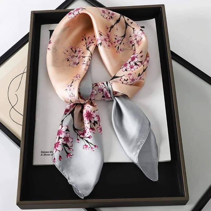 Peach Pink Cherry Blossom Print Satin Small Neck Scarf With Gray Hem