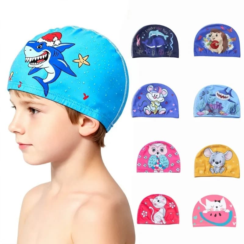 Kids Cartoon Animal Print Swim Cap Soft Stretchy Polyester Breathable Skin Friendly Hat For Pool Beach Essentials Accessories