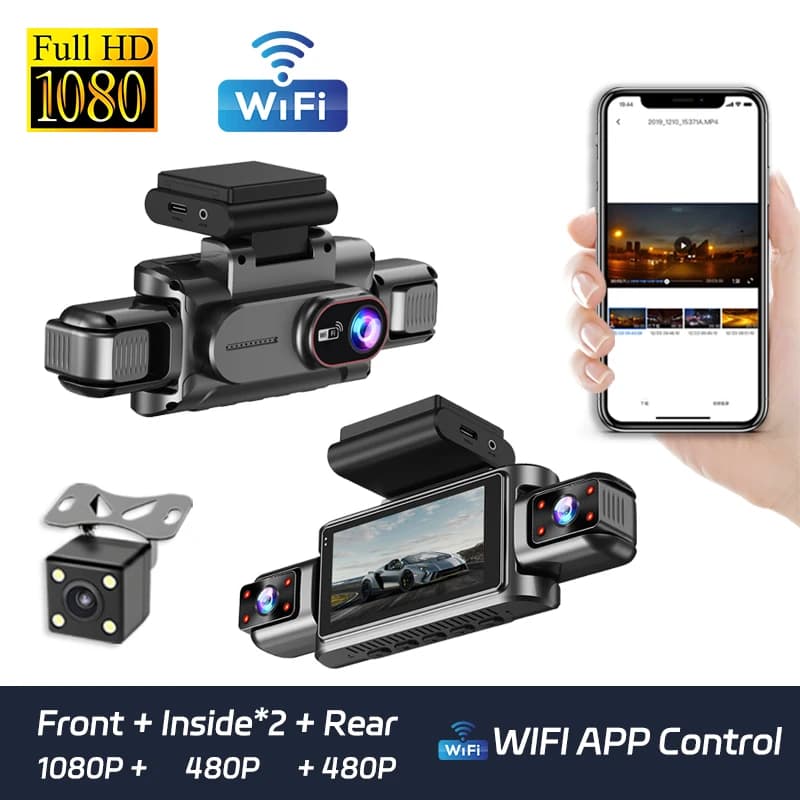 Dash Cam to 4 Channels 1080P, WiFi Guide Recorder, DVR Car with Night Vision in Infrareds, Front Camera, Interior and Back, Retromarcia Camera with Auto Charging