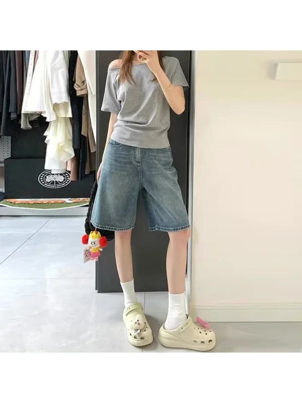 High Waist Wide Leg Retro Five-Point Jeans Shorts Women Summer Loose Slim Straight A-Line Midi Pants plus Size Fat MM