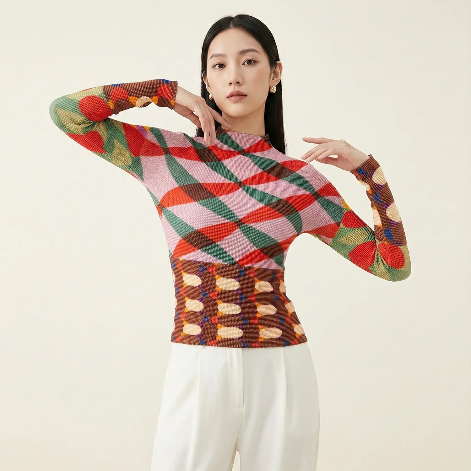 Japanese Miyake Slimming Long Sleeved Top Women High-end Fashion Printed Pullover Base Slimming Versatile Female T-shirt