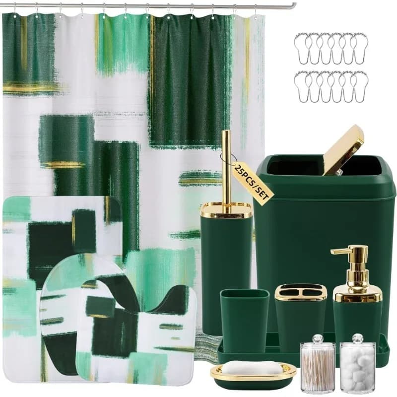 Set di accessori da bagno verde scuro e oro con tappeti per tende da doccia, pattumiera, dispenser di sapone