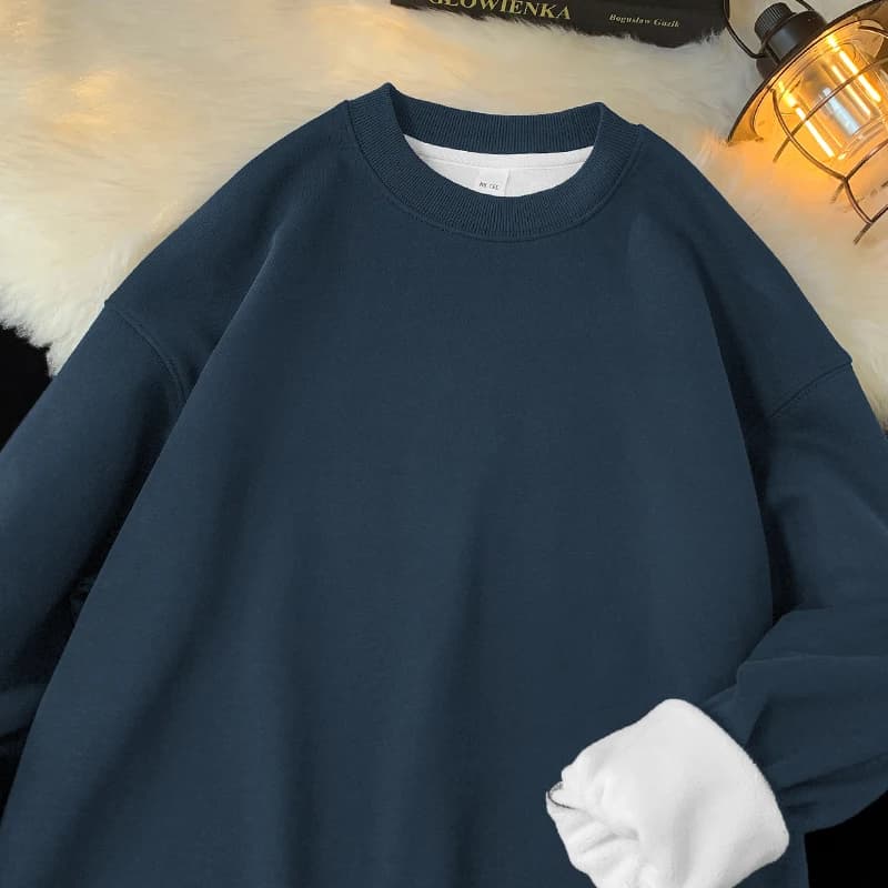 Heavyweight round Neck Sweatshirt Men's Autumn Winter Thickened Fleece Long Sleeve T-shirt Pure Color Hoodless Pure Color Top