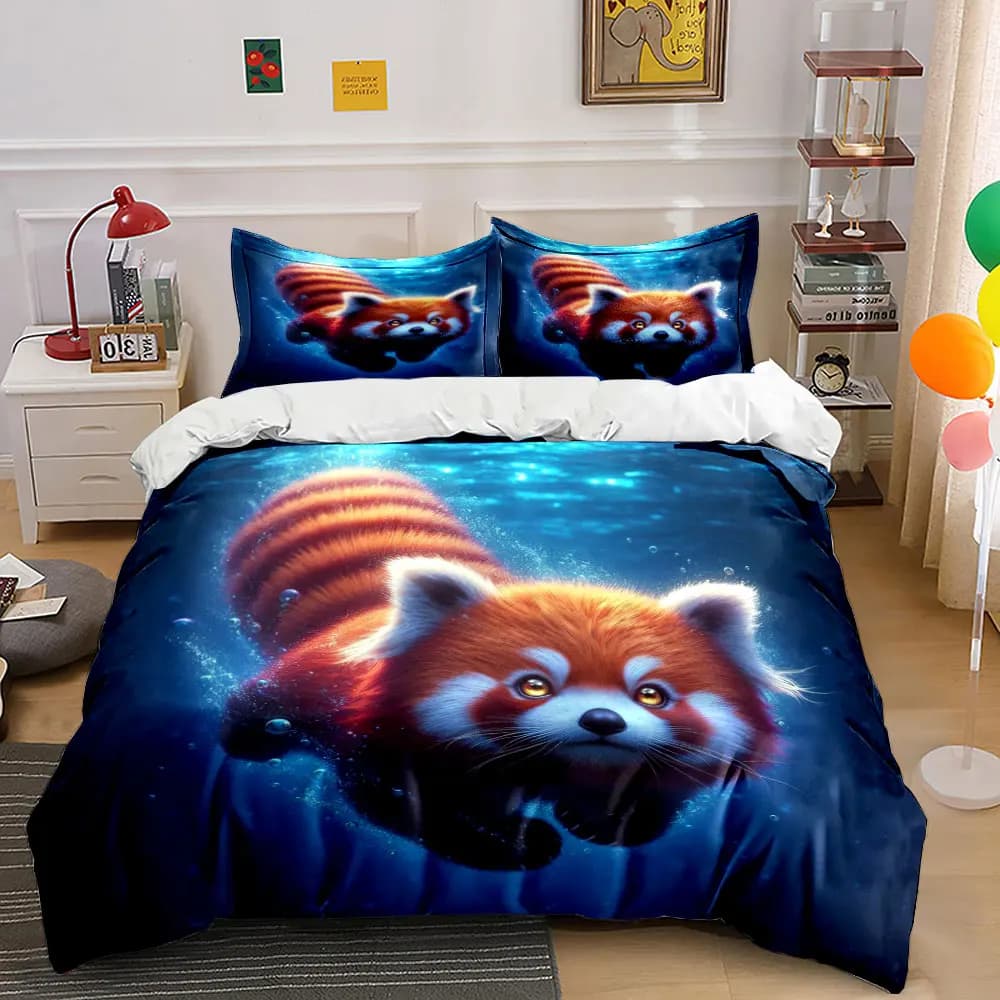 Set copripiumino con stampa 3D di panda rosso che nuota sott'acqua, in morbido poliestere, comfort per tutte le stagioni, ideale come regalo.