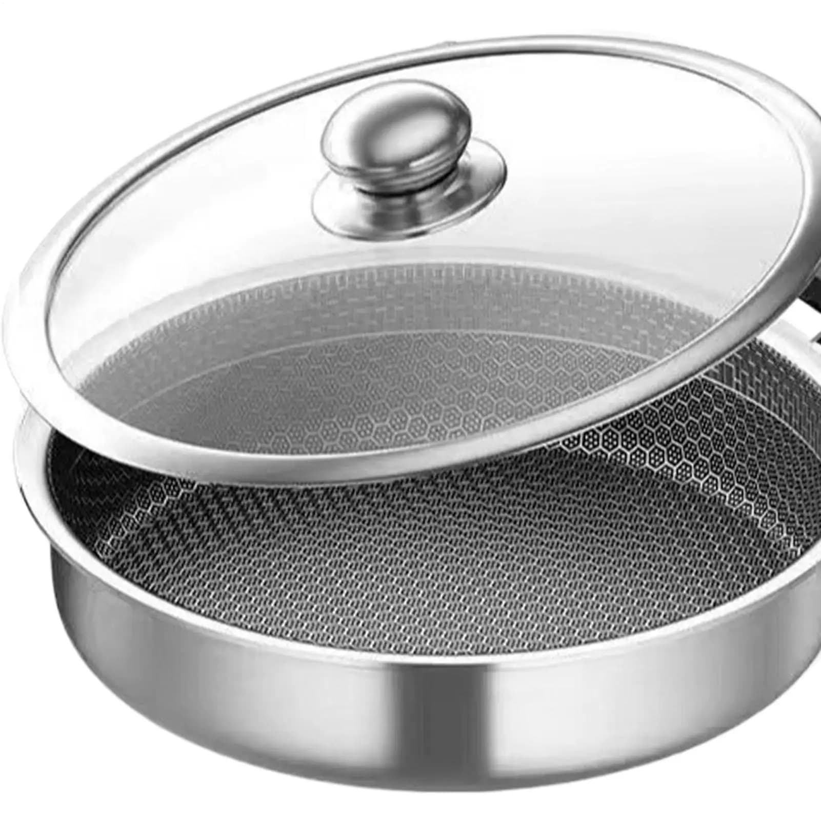 Stainless steel pan with lid for domestic kitchen, restaurant, camping, cooking on electric stove