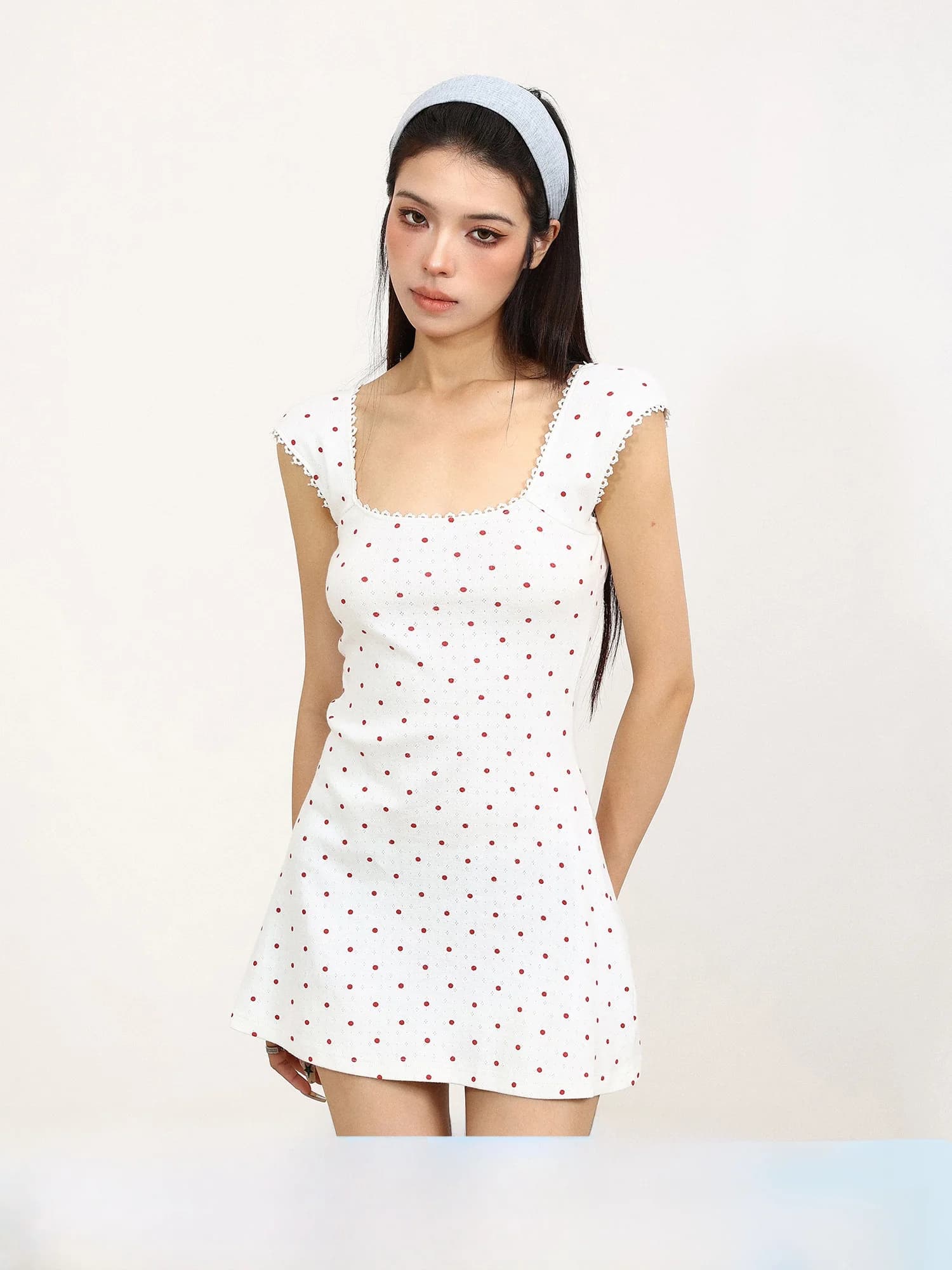 Summer French Style Lace Trim A-Line Dress Women's Sleeveless Shift Dress Slimming Waist Design Polka Dot Print Square Neck
