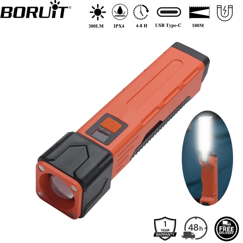 BORUiT 300LM LED Working Lamp Zoom Flashlight Type-C Chargeable Power Bank Flashlight Magnetic Repair Lamp Safety Hammer Lantern
