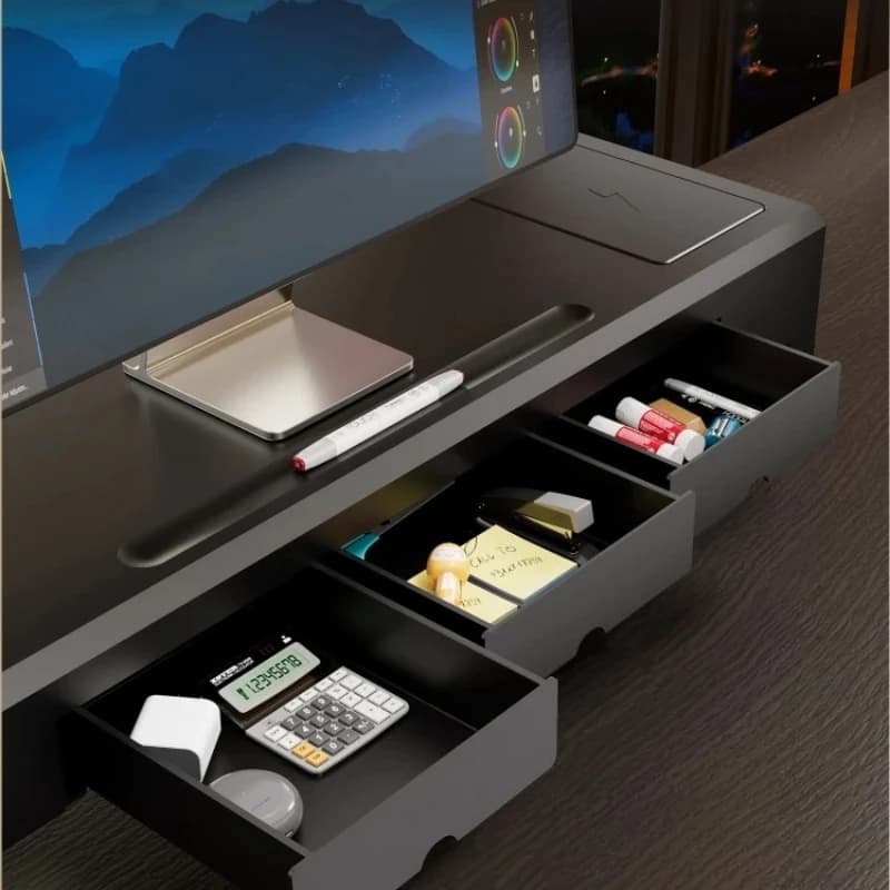 Ergonomic monitor support with drawers and USB hub: metal table support for computer, office organization and neck relief solution