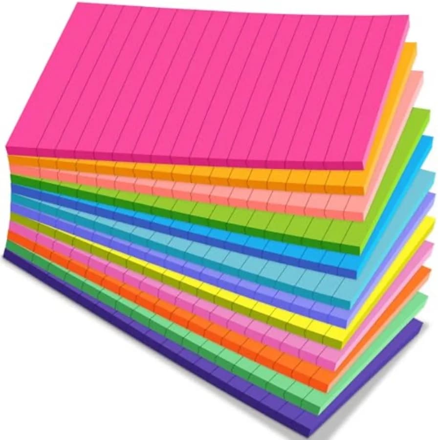 Confezione da 12 Foglietti Adesivi a Righe 4x6 Pollici, 12 Colori Vivaci - Note Adesive con Righe, Adesivo Forte e Senza Residui - Grandi Foglietti Adesivi