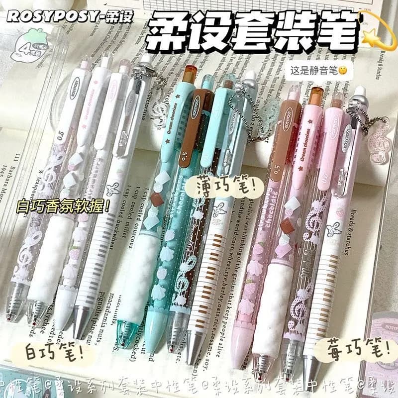 Set di penne gel color cioccolato RosyPosy, articoli di cancelleria estetici e carini, inchiostro nero ad asciugatura rapida da 0,5 mm, penne per scrittura fluida, per prendere appunti e scrivere diari