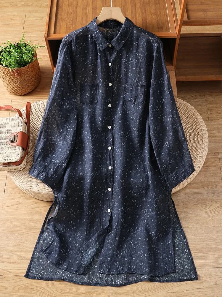 Retro Blue Floral Cotton Linen Shirt Dress Women Summer Mid-Length Large Size Collar Lightweight Sunscreen Open Cardigan...