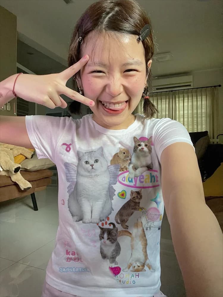 Giapponese y2k Kawaii Cat Print t-shirt manica corta donna Grunge Crop top t-shirt con grafica Fairycore E-girl 2000s moda coreana