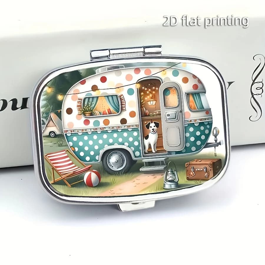"Fantastic Camping Journey" Pill Box, 2-Compartment Pill Box - Portable Medicine Organizer with Secure Snap-On Lid, Convenient for Travel and Use Anytime, Anywhere - Suitable for Storing Personal Medications, Vitamins, and Supplements