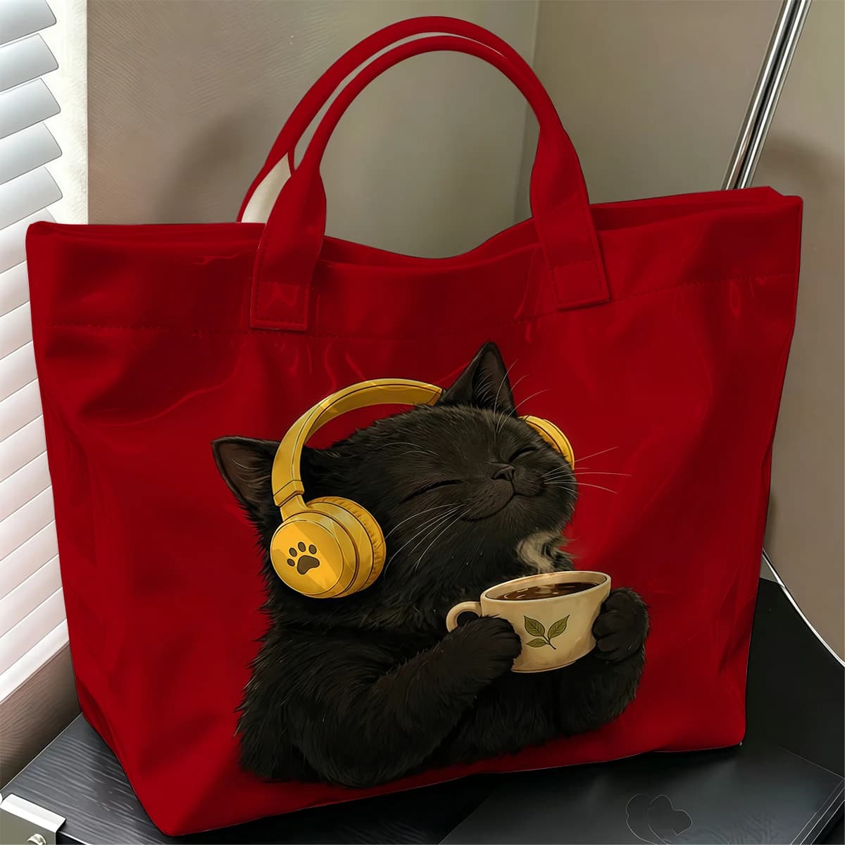 Red Black Cat Coffee Hot Sale Large Glossy PVC Tote Bag Hand Washable Waterproof Great for Travel Commute Makeup Storage Handbag