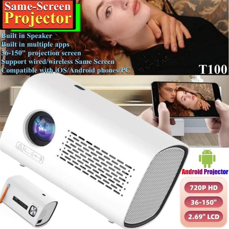 Proiettore sistema Android T100 Telefono wireless 720P MINI proiettore dello stesso schermo Lettore home theater per proiezione iOS/Android e PC