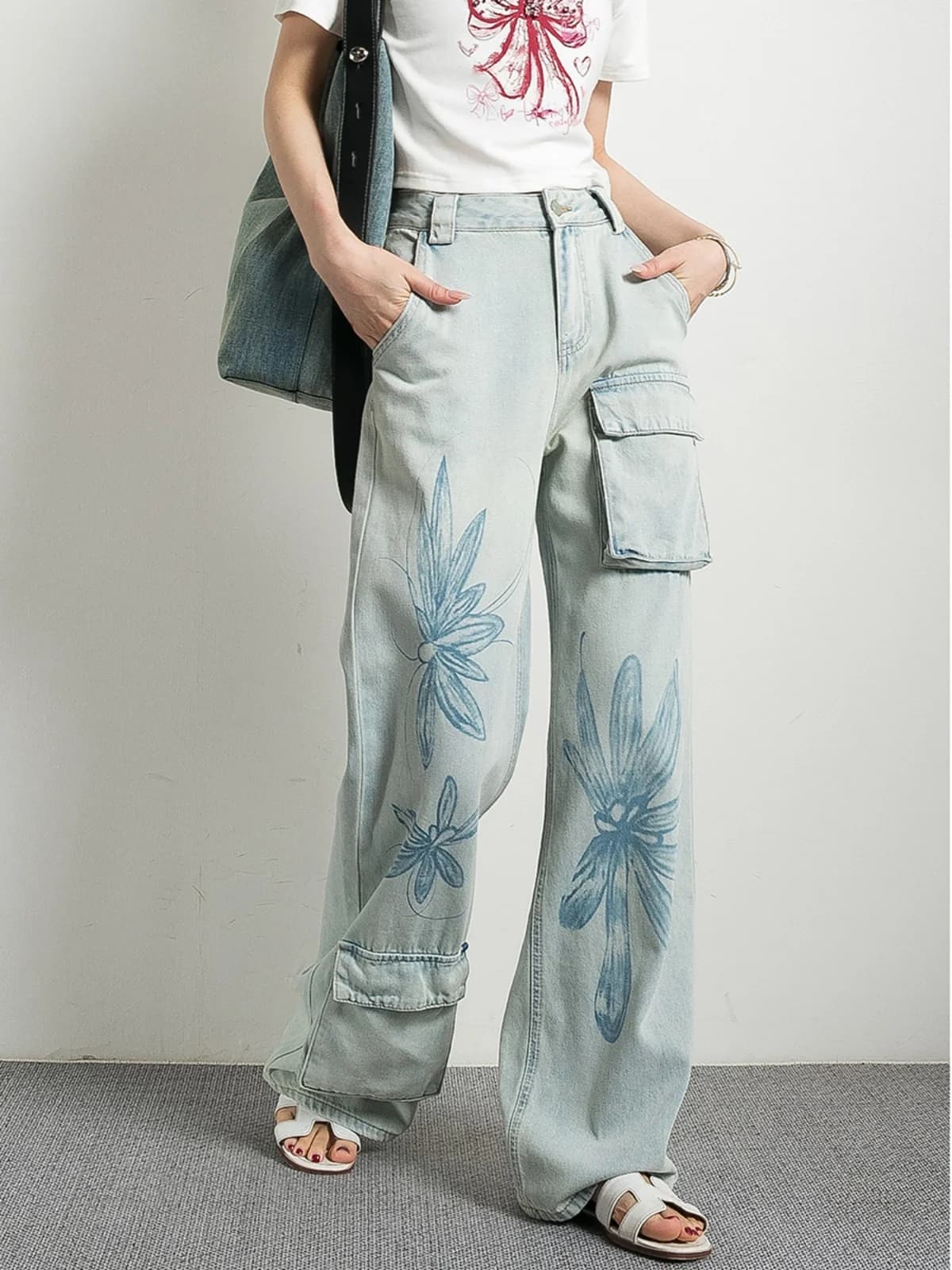 Jeans Vintage Blu con Stampa Floreale a Gamba Dritta, Vita Alta, Chiusura con Cerniera, in Morbido Cotone, Pantaloni Estivi da Donna, Resistenti alle Alte Temperature