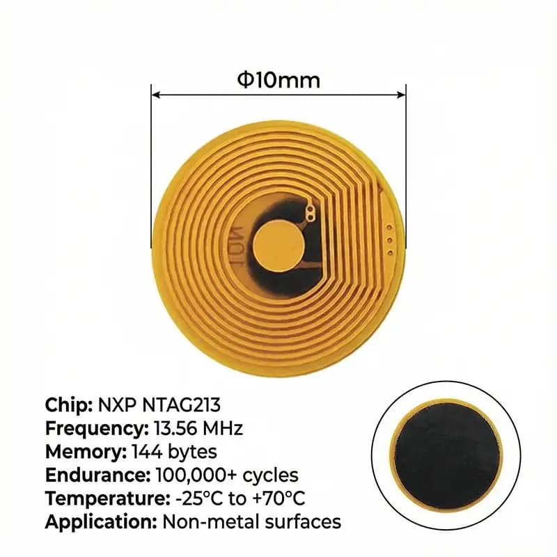 10 Pezzi Tag RFID NFC FPC da 10mm di Diametro per Alta Temperatura, Mini Schede NXP NFC213 13.56MHz Anti-Contraffazione Anti-Metallo, Carte RF Passive
