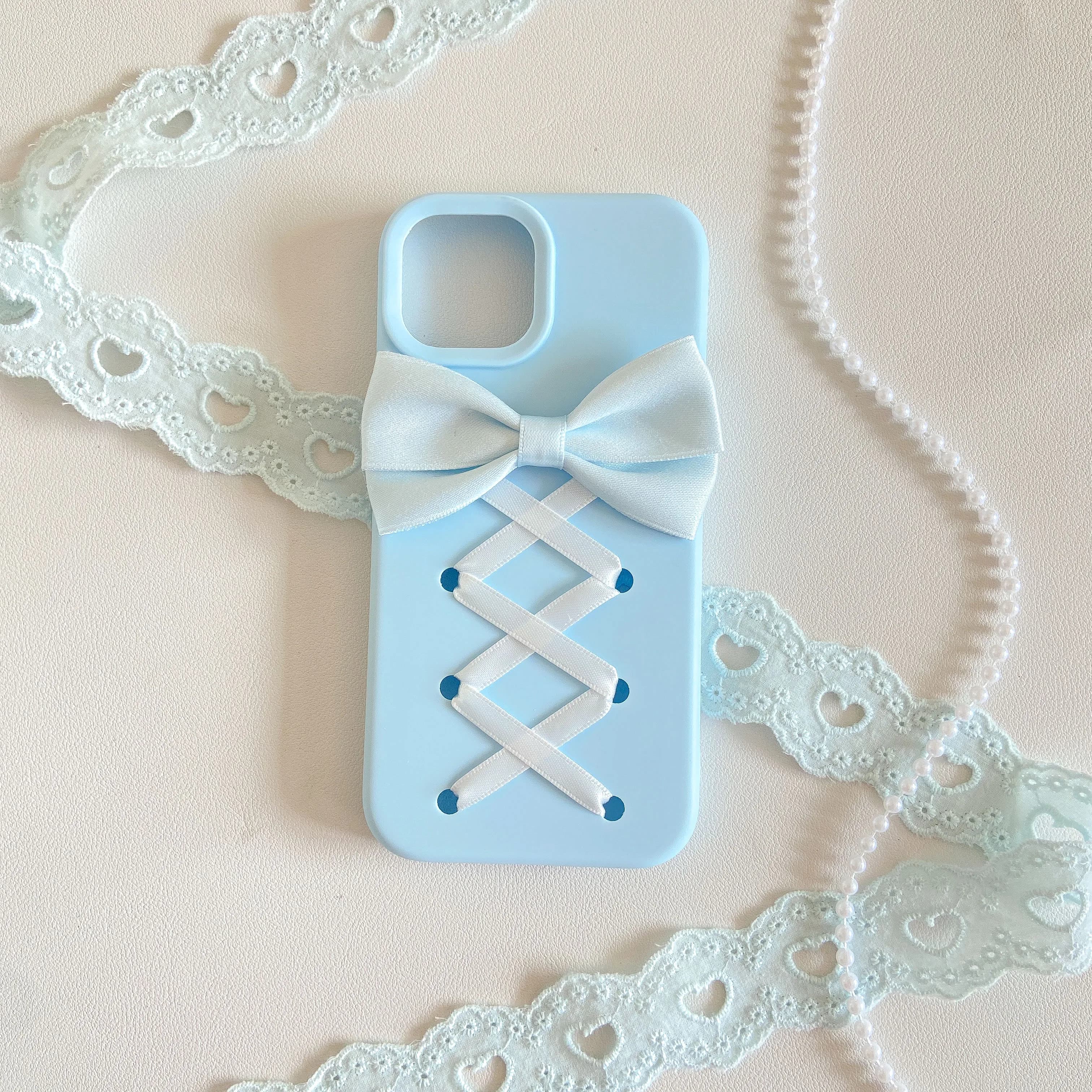 Soft Blue Cross Ribbon Handmade Phone Case for iPhone 17 16 15 14 12 11 Pro Max Plus Elegant Bow Decor Ballet Lolita Theme Cover