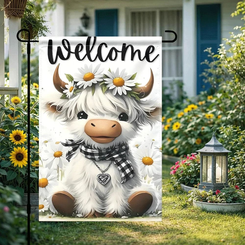 Bandiera da Giardino Decorativa per Esterni con Motivo Mucca Highland e Sciarpa a Quadri Buffalo Bianca e Nera, 1 Pezzo