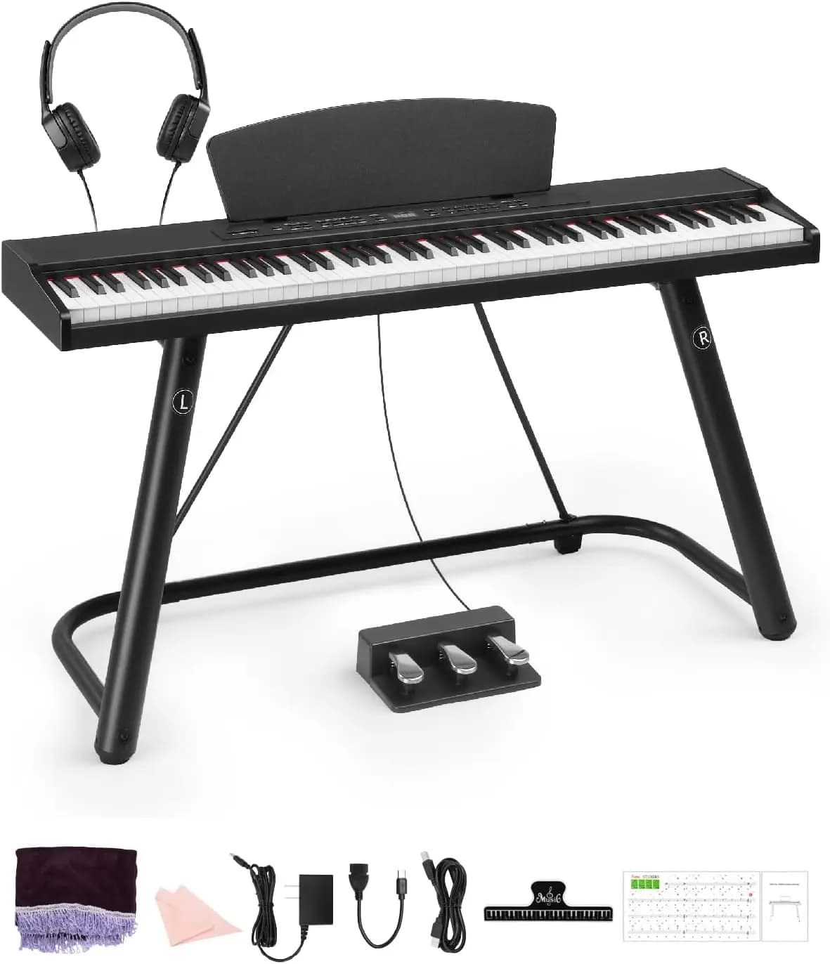88-Key Semi-Weighted Digital Piano Keyboard for Beginners, Includes U-Stand, Sustain Pedal, Headphones, Piano Cover, Key Stickers, Cleaning Cloth, Music Clip, USB Cable & User Manual (Compact)