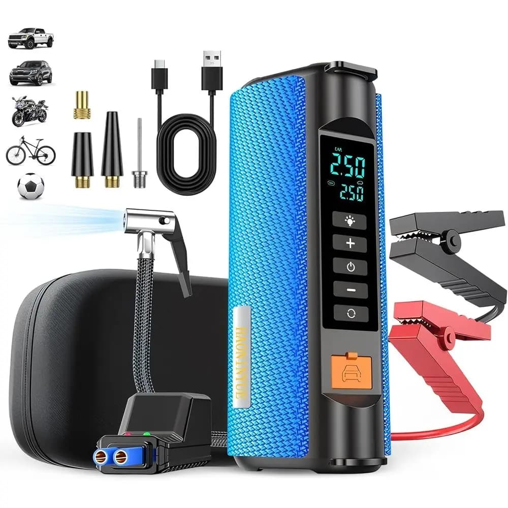 Avviatore di Emergenza 2500A con Compressore d'Aria, Kit Cavi di Avviamento Auto 12V, Gonfiatore Pneumatici Portatile 150PSI, Luce LED Multifunzione