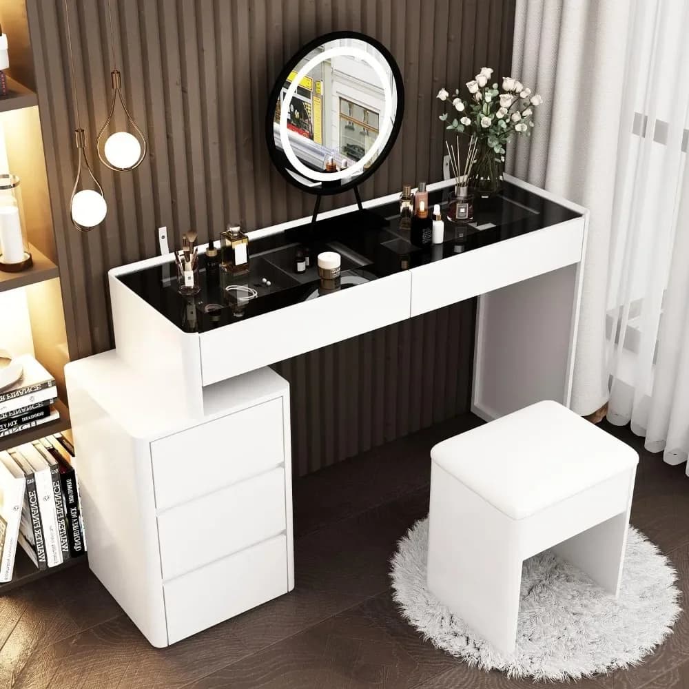 Set da scrivania per trucco con specchio illuminato, piano in vetro e organizer per cassetti, portaoggetti in lotti e armadietto mobile per camera da letto